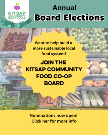 Nominations Opening Soon! Help shape the future of the Kitsap Community Food Co-op! Nominations for the Board of Directors are open June 1–August 14, with elections taking place August 16–22. We’r-2